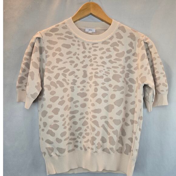 Lucca Couture Leopard Animal Print Cream Beige Sweater Short Pleat Sleeves Small - Picture 2 of 8